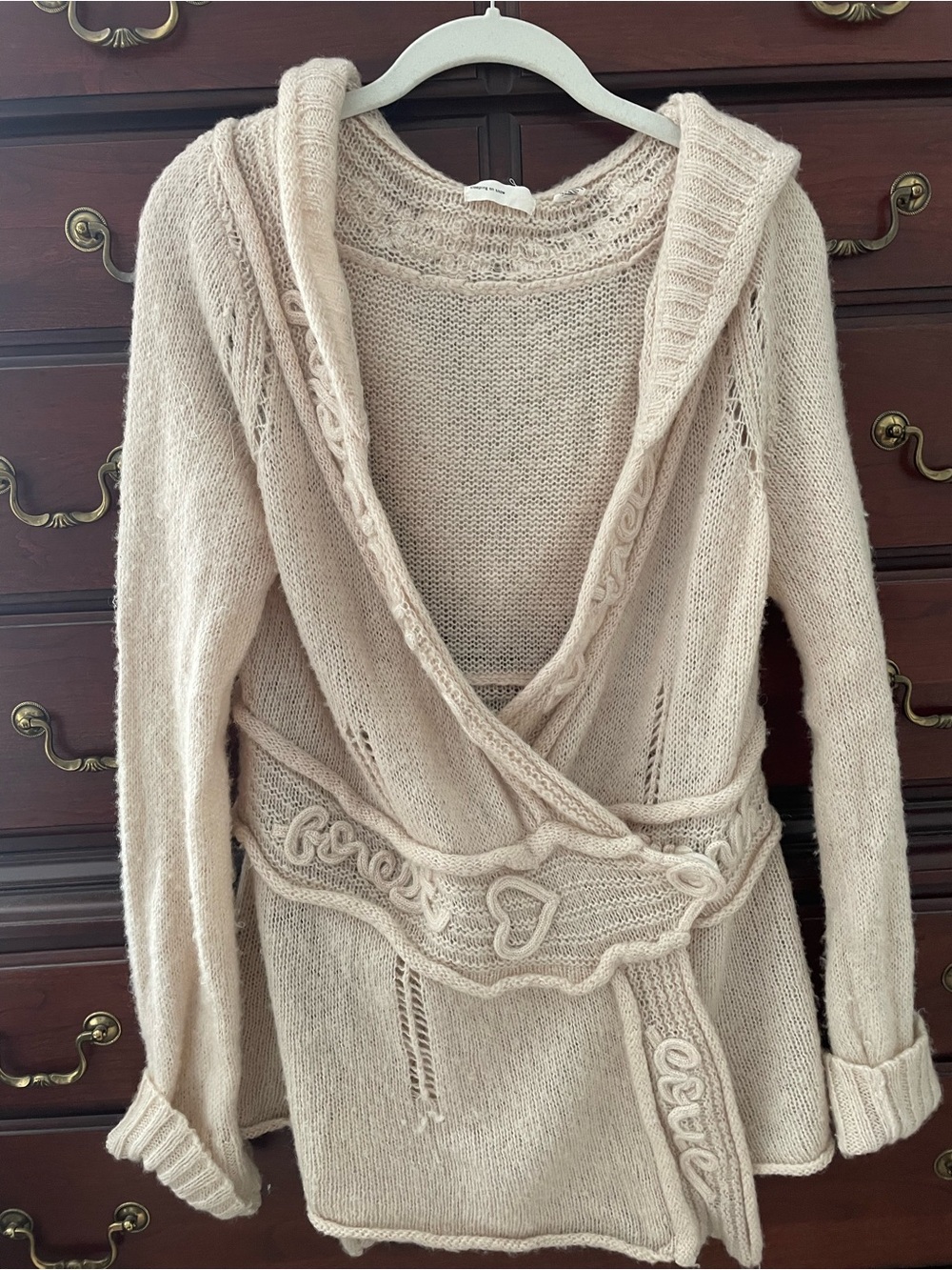 Anthropologie Cream Hooded Knit Cardigan with Waist Detail